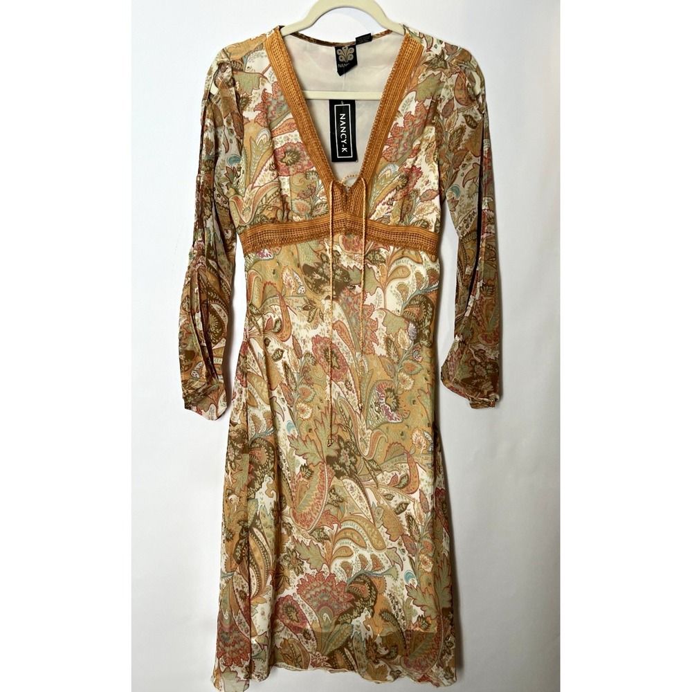 Women's Large Tan Paisley Boho Hippie Midi Dress V-Neck Crochet Bell Sleeve NWT